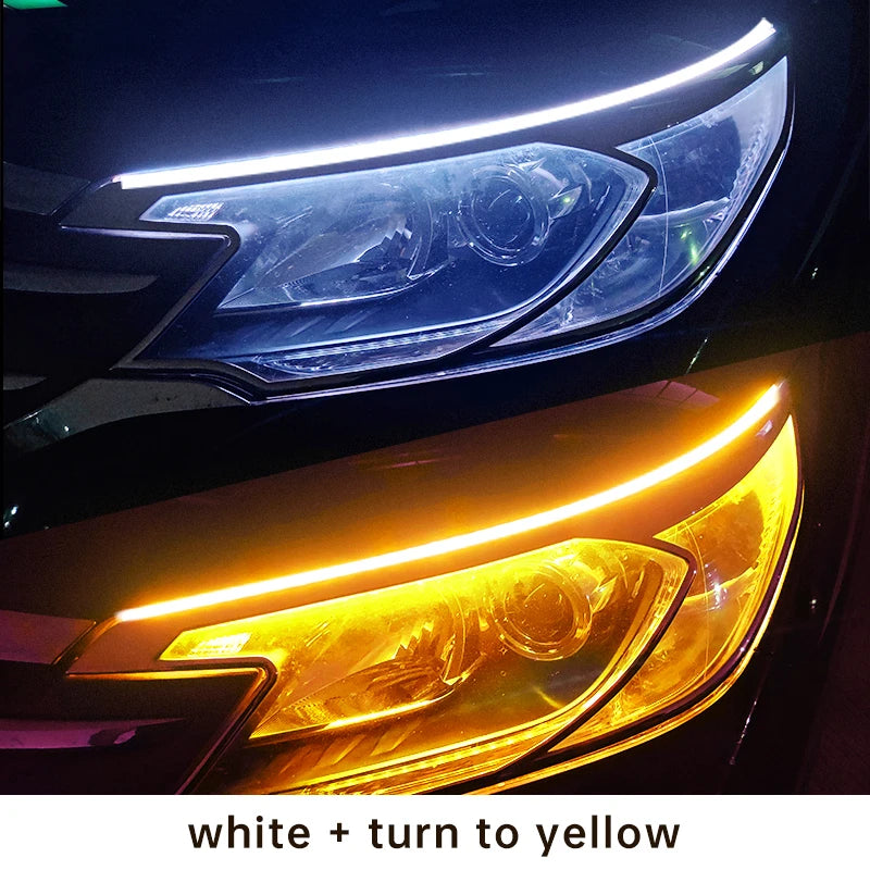 2Pcs Start Scan LED DRL Car Daytime Running Lights, Flexible Sequential Flow Strip Lights, 12V Dual Color White (DRL) + Yellow (Turn Signal) with Sync Mode, Waterproof Universal Headlight Accent for Cars Trucks
