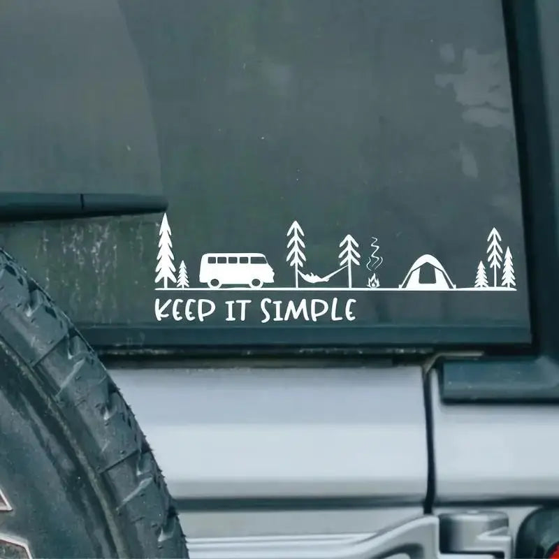 Camping Scene Car Decal Sticker – Minimalist Mountain & Trees Design for Truck, SUV, RV, Laptop – Durable Outdoor Bonded Vinyl – Weatherproof Nature Lover Auto Accessory (Matte Black / Multiple Colors)