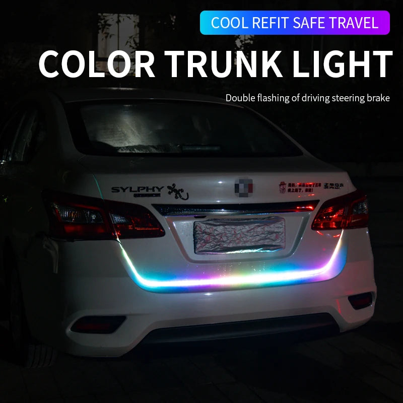 47 inches Colorful Dynamic LED Strip – Car Rear Trunk Tail Light with Multiple Modes – 12V Additional Brake, Turn Signal, Reverse Warning Lamp – Flowing Sequential Waterproof Flexible Light Bar for SUV Truck Sedan