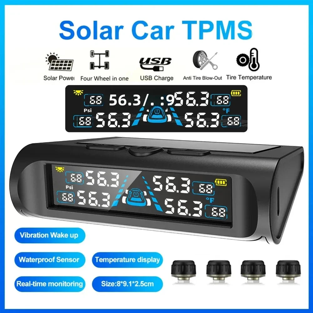 This T121 USB/Solar TPMS is a wireless tire monitoring system with 4 external sensors, a digital LCD display, and a pressure range of 0–6.8 Bar. It supports solar power and USB charging for continuous, cable-free operation.