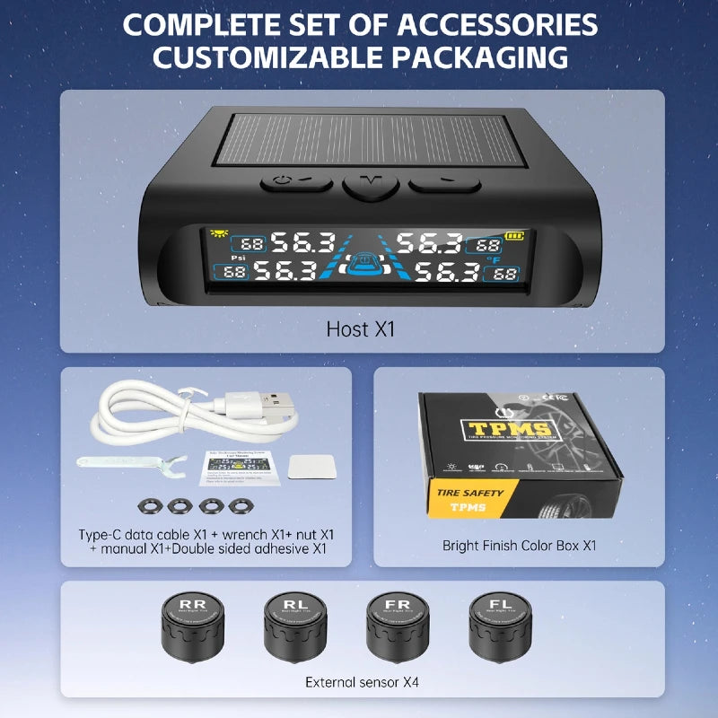 This T121 USB/Solar TPMS is a wireless tire monitoring system with 4 external sensors, a digital LCD display, and a pressure range of 0–6.8 Bar. It supports solar power and USB charging for continuous, cable-free operation.