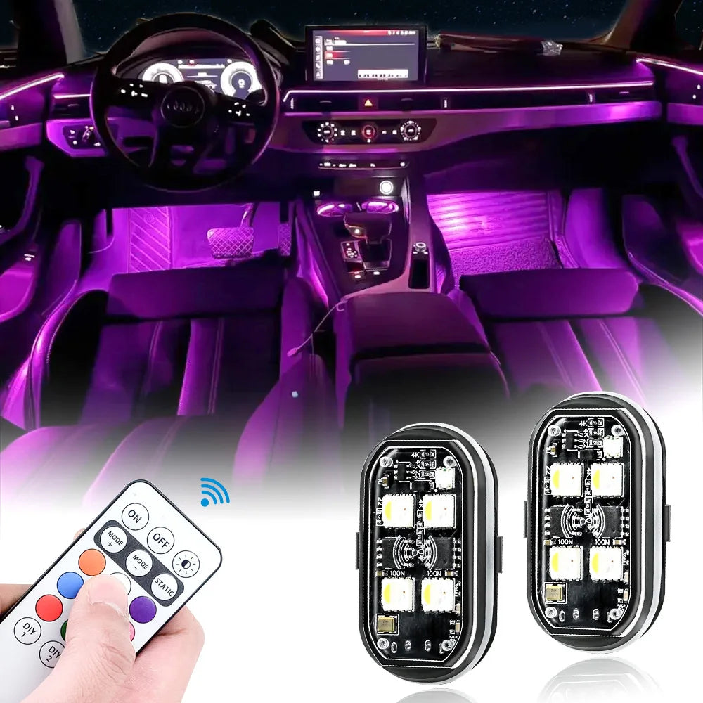 2/4PCS Wireless LED Strobe Lights, 8 Colors Rechargeable Car Decor Atmosphere Lights – Magnetic Anti-Collision Warning Lights with Remote – RGB Under Dash Interior Lighting for Car Truck SUV