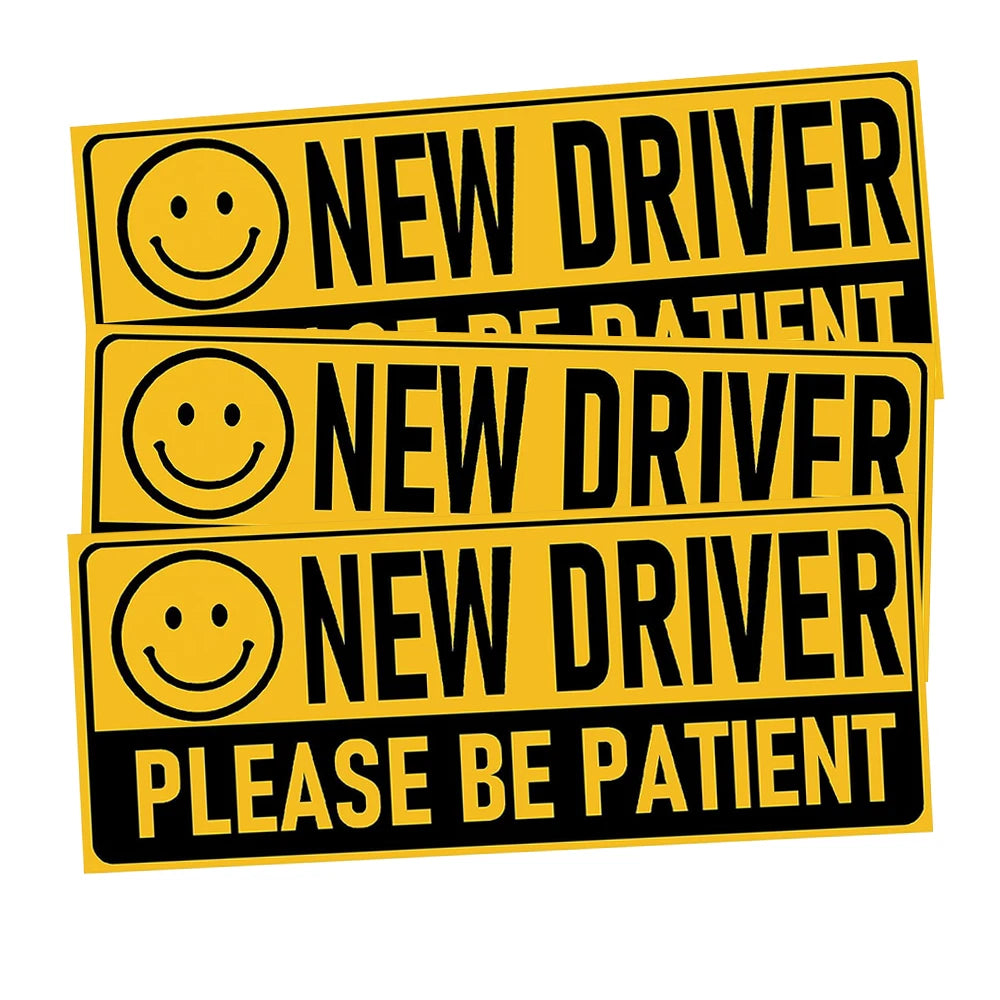 3PCS New Driver Sticker Set, "Please Be Patient" Decal with Smile – Safety Sign for Car Vehicle Bumper – Reflective / Fluorescent Student Driver Warning – Rookie Driver Auto Accessories