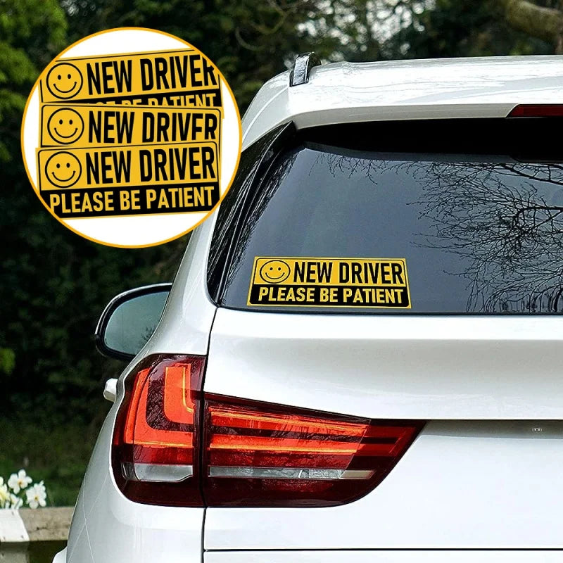 3PCS New Driver Sticker Set, "Please Be Patient" Decal with Smile – Safety Sign for Car Vehicle Bumper – Reflective / Fluorescent Student Driver Warning – Rookie Driver Auto Accessories