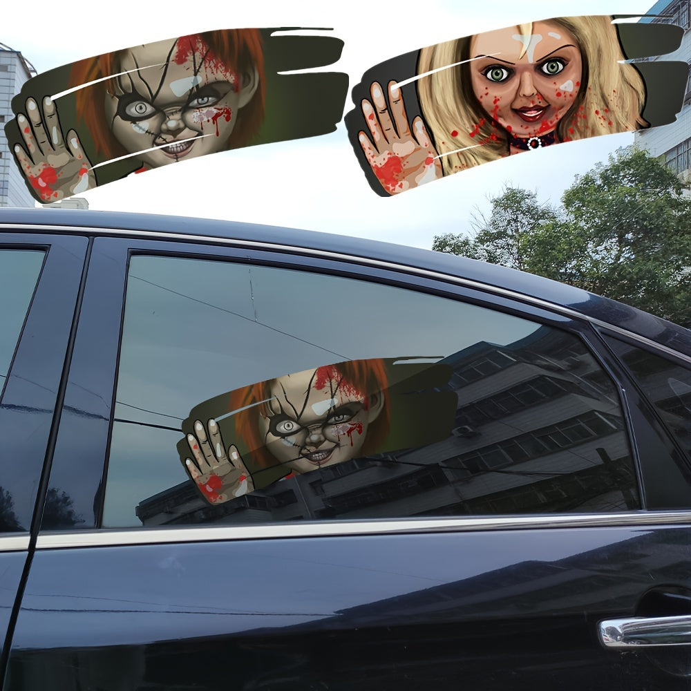 2pcs Set 3D Halloween Spooky Doll & Bride Car Decals – Waterproof Self-Adhesive Vinyl Stickers for Cars, Trucks, SUVs, Windows & Body – Creepy Horror Atmosphere Decoration – Perfect for Halloween Season – Universal Fi