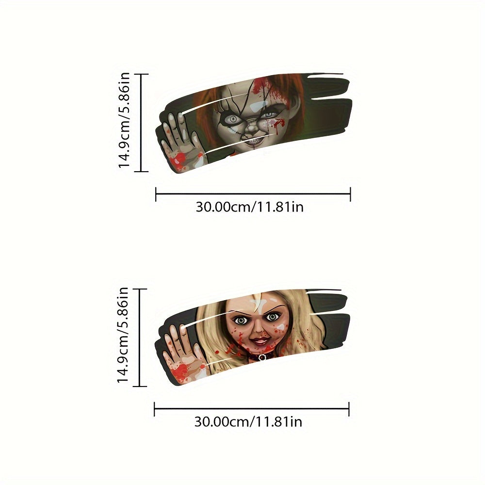 2pcs Set 3D Halloween Spooky Doll & Bride Car Decals – Waterproof Self-Adhesive Vinyl Stickers for Cars, Trucks, SUVs, Windows & Body – Creepy Horror Atmosphere Decoration – Perfect for Halloween Season – Universal Fi